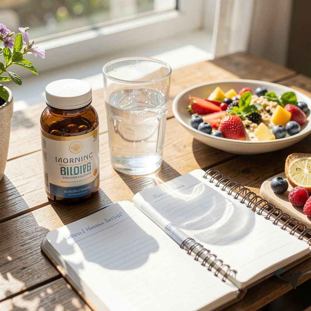 Morning wellness routine with supplement bottle, fresh water glass, healthy breakfast and journal on sunlit table