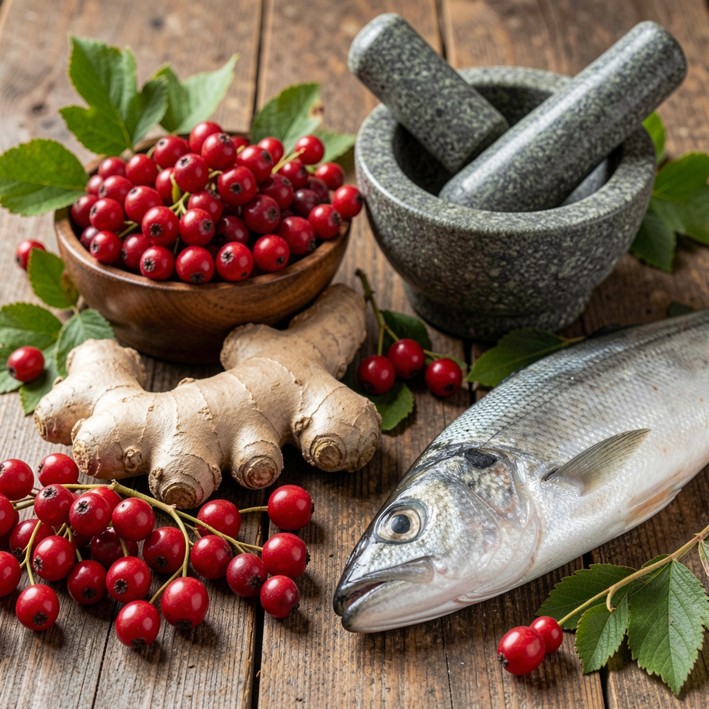 Fresh hawthorn berries, ginger root, and omega-3 rich fish on wooden table with mortar and pestle